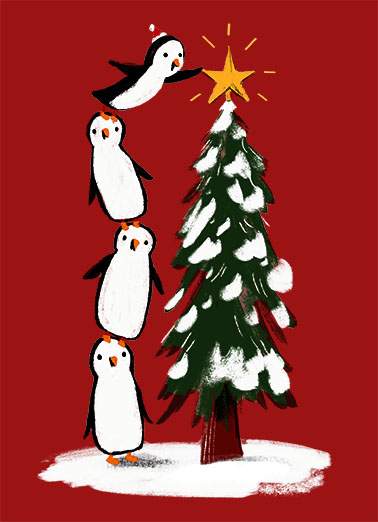 Penguins Atop Tree Christmas Card Cover