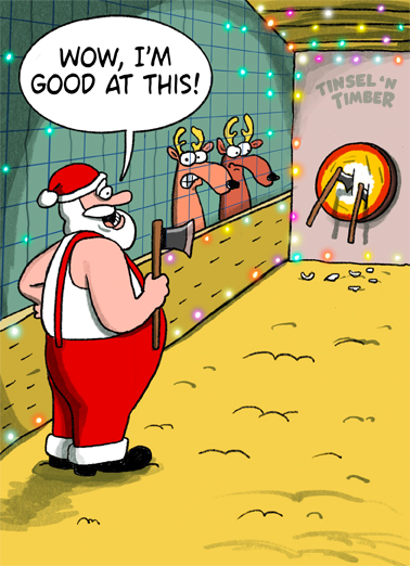 Santa Axe Throwing - Funny Christmas Card to personalize and send.